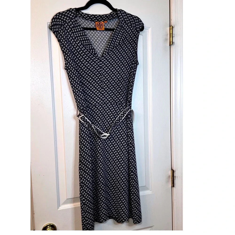 Tory Burch Navy Blue White Geometric Print V-Neck Belted‎ Dress Womens Medium